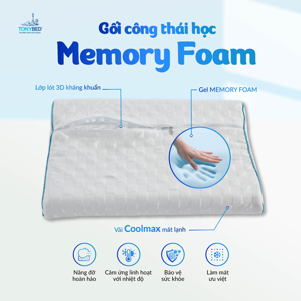 gối công thái học chống đau mỏi cổ memory foam tonybed